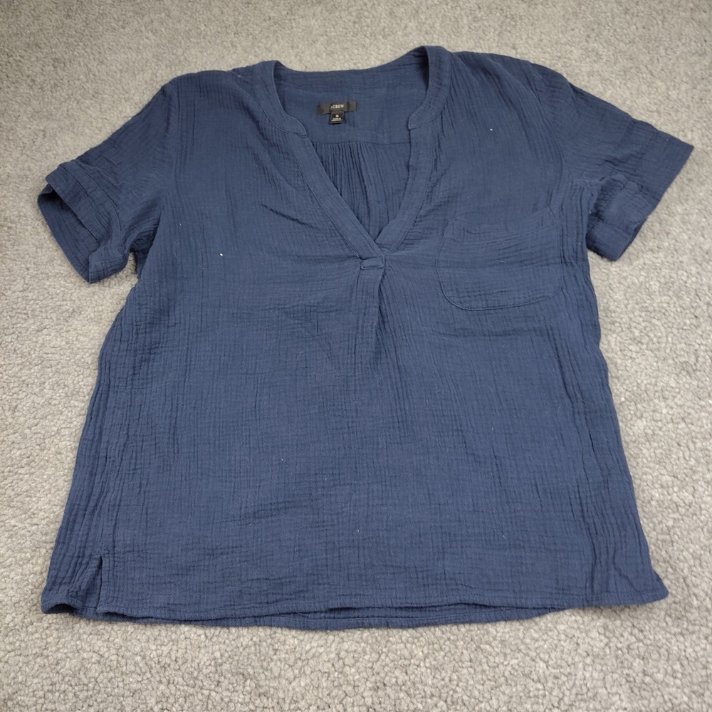 J.Crew Top Sz Small Double Gauze V-Neck Pocket Navy Blue 100% Cotton EUC